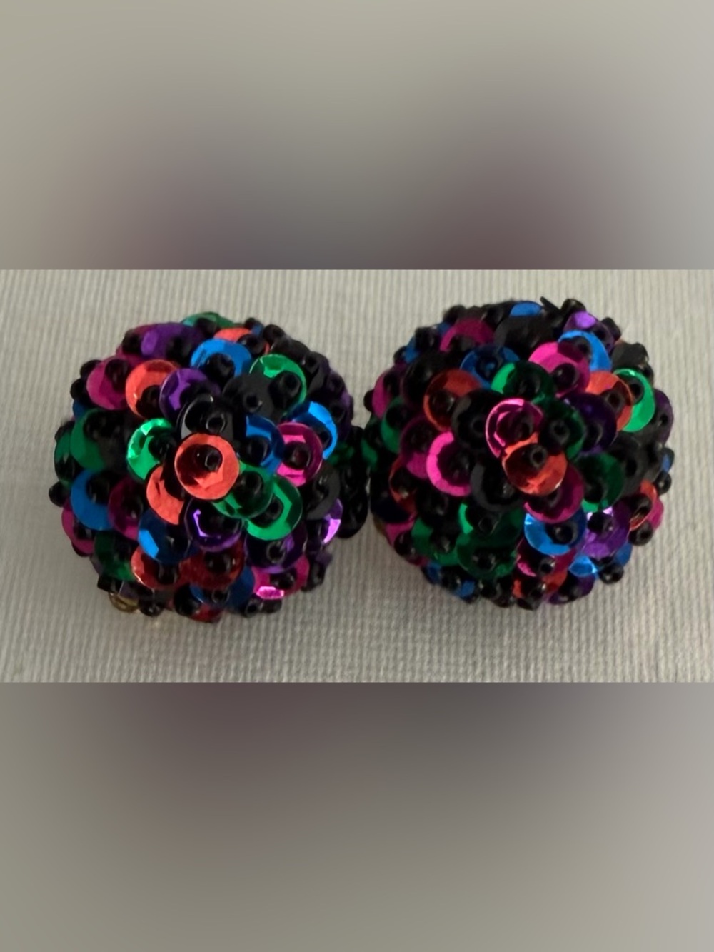 Vintage Domed Carnival Iridescent Black & rainbow clip earrings